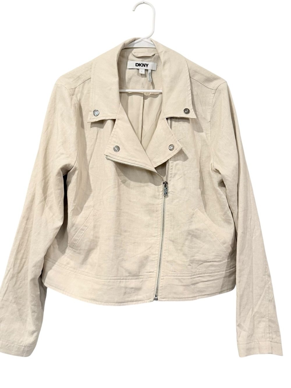 DKNY Light Cream Asymmetric Zip Leather Jacket